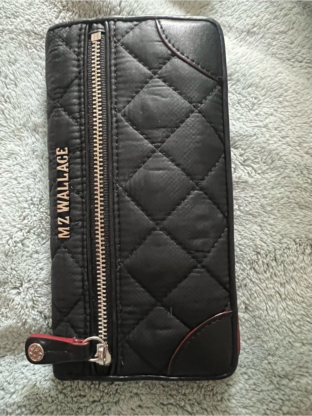 MZ Wallace Black Quilted Zip Around Wallet with Gold Logo